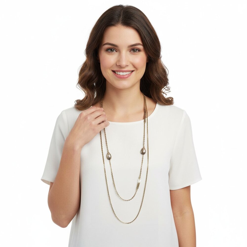 Vintage Charming Charlie Long Double Strand Necklace Gold Tone Chevron Beaded